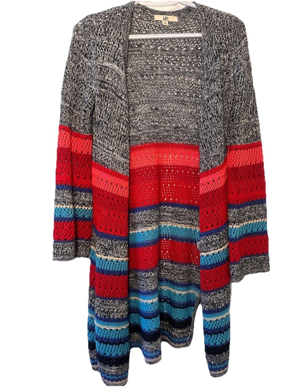 Ya Los Angeles Boho Open Knit Long Cardigan Multicolor Stripe Size Small
